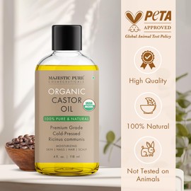 Majestic Pure USDA Organic Castor Oil - 100% Pure & Natural - Premium Grade, Cold Pressed, Hexane Free - Hair, Eyelashes, Eyebrows, Nails - Moisturizing & Nourishing - 4 Fl Oz