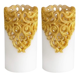 Eldnacele Flameless Christmas Gold Candles with 5H Timer, Flickering Real Wax Battery Operated Pillar Candles for Christmas Holiday Decoration Gold (D3" x H6")