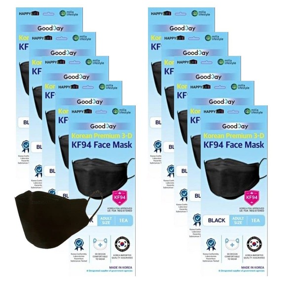 (10PCS) Black Disposable KF94- Face Mask, 4-Layer Filters Breathable Comfortable Nose, Good Day, Dust Mask, Black KF94 Masks Made in Korea.