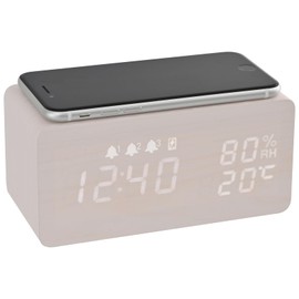 lectime Alarm Clock, Smart Phone Charging, Digital, Multi-functional, Woodgrain, Tabletop, Qi Wireless Charger, Snooze, Temperature/Humidity/Alarm, Automatic Brightness Adjustment, Automatic Dimming,