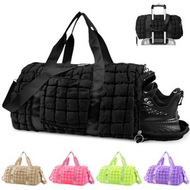 Duffle Bag for Travel Women,Quilted Gym Duffle Bag with Shoes Compartment,Puffer Weekender Bags Overnight Carry On Duffel Bag with Trolley Sleeve for Airplanes,Personal Item Sports Duffel Bag(Black)