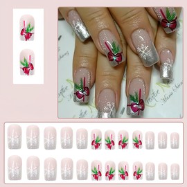 24Pcs Christmas Press on Nails Short Square Fake Nails French Tip False Nails Full Cover Glitter Fake Nails with Xmas Bows Stick on Nails Winter Holiday Artificial Nails for New Year Nail Decoration
