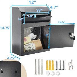 Extra Large Metal Wall Mount Locking Deposit Drop Box Safe - Heavy Duty Extra Large Lock Box for Keys, Mail, Rent, Checks, Deposit, and Payments (12'' x 4.25'' x 14.75'') (Black)