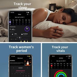 Ceramic Touch Smart Ring for Men Women - Fitness Tracker with Heart Rate, Blood Oxygen, Pedometer，5ATM Waterproof, Remote Music&Photography Control, No Subscription Fee for iOS and Android (Black, #8)