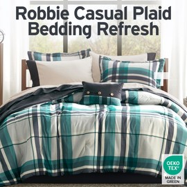 Intelligent Design Full Comforter Set with Sheets, Plaid Bed in A Bag Microfiber Comforter for a Full-Size Bed, Cabin Lodge Bedding Set Microfiber Sheet, Robbie, Full, Teal/Black 9 Piece