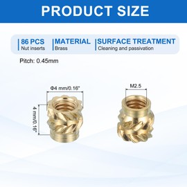 sourcing map 86 Pcs Threaded Inserts, M2.5 Brass Heat Set Insert for 3D Printing and Plastic Material Female Knurled Insert Nuts for Laptops Electronic Products, M2.5x4x4mm