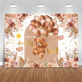 Mocsicka We Can Bearly Wait Backdrop 7x5ft Brown Boho Flowers Balloons Bearly Wait Baby Shower Decorations for Boys Girls Bear Baby Shower Background Banner