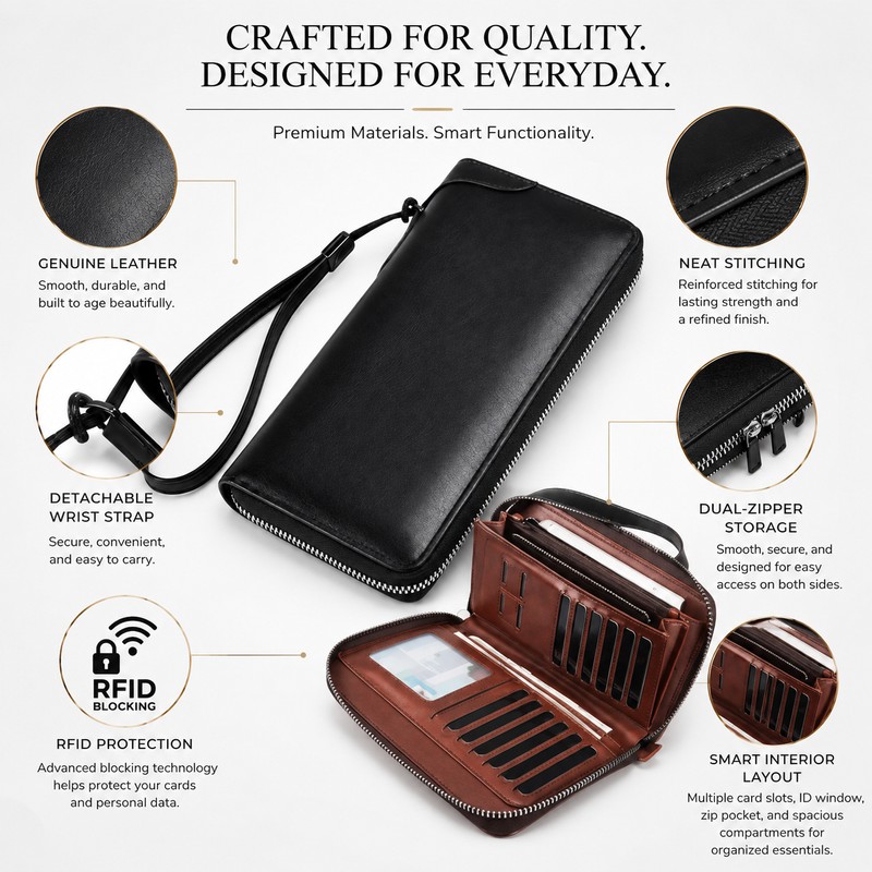 Long Zip-Around Leather Wallet for Daily Carry – Dual-Zipper Card