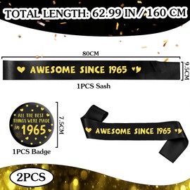60th Birthday Decorations Sash for Men - Black and Gold Awesome Since 1965 Sash with Button Badge, Happy 60 Years Old Birthday Party Decoration for 60th Fabulous Men