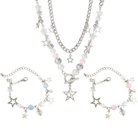 2 Pieces Silver Star Necklace Y2K Jewelry Set Grunge Necklace Kawaii Cute Necklaces Aesthetic Vintage Emo Jewelry (Silver 7)