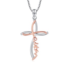 TRISHULA Cross Faith Necklace for Women, Mother's Day Gift 925 Sterling Silver Rose Gold Faith Cross Pendant Jesus Christian Jewelry Gift for Mom Daughter