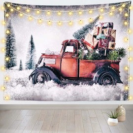 Loccor Christmas Truck Tapestry Winter Snow Forest Red Xmas Gifts Car Vintage Style Tapestries for Christmas New Year Party Decorations Home Bedroom Living Room Decor 92''x70''