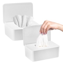 QBXMY7 2Pcs Diaper Wipes Dispenser, Refillable Wipe Container, Wipe Container with Sealing Design Lid, Keep Wipes Fresh,Wet Wipes Cases (White and White)