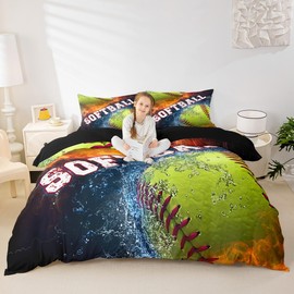 Castle Fairy 3D Softball Duvet Cover Queen Size,Ice and Fire Comforter Cover 3Pcs,Boyes Gamer Bedding Sets for Kids Boys Youth,Ball Sports Gaming Bed Sets Room Decor with 2 Pillowcase