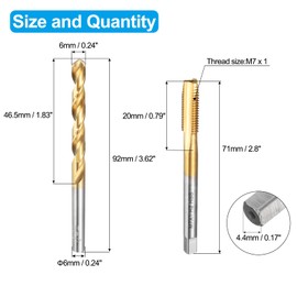sourcing map Tap and Drill Bit Set, 1pcs M7 x 1 Metric Straight Flute Thread Screw Taps & 1pcs 6mm Twist Drill Bits, Titanium Coated HSS-6542 Tapping Threading Tool Kit