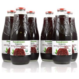 Blue Ribbon 100% Pomegranate Juice - 6 Pack ,33.8Fl Oz - USDA Organic Certified - Glass Bott