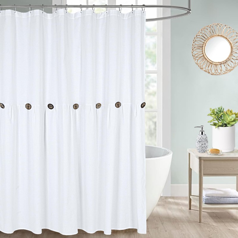 DOSLY IDÉES Farmhouse Shower Curtain, White Cloth Button Curtain, Cotton