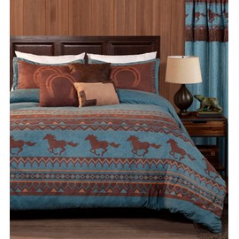 Chezmoi Collection Sedona 7-Piece Southwestern Wild Horses Microsuede Bedding Comforter Set, Full, Turquoise Blue