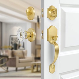 newliplace Front Door Lock Set, Gold Front Door Handle with Single Cylinder Deadbolt and Crystal Glass Knob, Reversible for Left & Right Handed Door, Satin Brass Finish