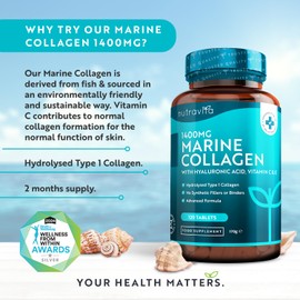 Nutravita Marine Collagen Tablets 1400mg Enhanced with Hyaluronic Acid - Hydrolysed Supplements for Women and Men - 120 Tablets (2 Month Supply) - with Vitamin C, Vitamin E, Zinc and Vit B2 - Nutravita