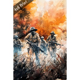 US soldiers in historic battle watercolor Art 4x6 Print
