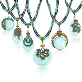 6 Pieces Turquoise Necklace Bohemian Necklaces for Women Chunky Statement Beaded Jewelry Turquoise Vintage Retro Pendant Rhinestone Collar Necklace for Ladies