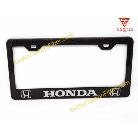 Exotic Carbon Fiber Honda Logo and Silver Text in 2x2 Gloss Real Carbon Fiber license Plate Frame