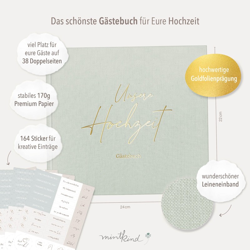 mintkind® Guest Book Wedding Sage - Wedding Book, 84 Pages