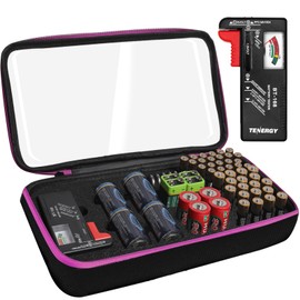 Battery Organizer Storage Case with Tester,Clear Batteries Storage Organizers Holds, Just The Right Size Slot with stable handle,Holds 57 Batteries Various Sizes（Batteries are Not Included） (Purple)