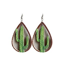 Western Cow Sunflower Earrings Natural Wooden Cactus Teardrop Turqoise Animal Print for Women Wild West Texas Costume Christmas Jewelry-Cactus A