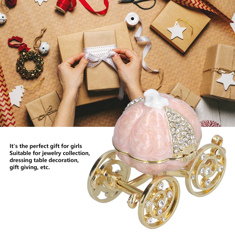 Jewelry Organizer White Golden Pumpkin Carriage Shape Rhinestone Storage Box
