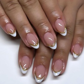 White French Tip Press on Nails Short Almond Fake Nails with Gold Lines Designs Pink Full Cover Glue on Nails Press ons Simple Natural False Nails Glossy Stick on Nails for Women 24 Pcs