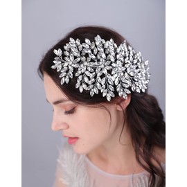 Teyglen Large Full Rhinestones Flower Bride Wedding Hair Comb Headband Luxurious Hair Accessories Dainty Silver Crystals Bridal Side Hair Combs for Women Bride Girls (Silver)
