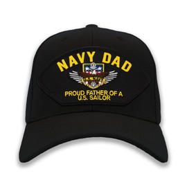 PATCHTOWN Navy Dad - Proud Father of a US Sailor Hat/Ballcap Adjustable One Size Fits Most (Black, Add American Flag)