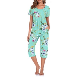 TAOHUADAO Women's Pyjamas Short Sleeve Top with Capri Pants Sleepwear Ladies Pjs Sets with Pockets, Mint Green L