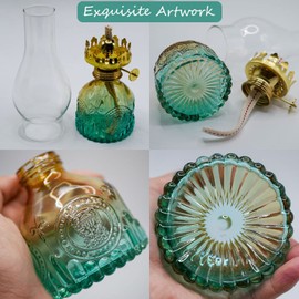 Rustic Oil Lamp Lantern Large Classic Kerosene Lamp Vintage Color Glass Kerosene Lamp Chamber Oil Lamps with 3/8" Lamp Wick for Indoor Use Home Decor Lighting (Green)