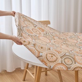 LIBERECOO Round Fitted Vinyl Tablecloth with Flannel Backing - Boho Sunburst Medallion - Fits 45"-56" Diameter Tables, Elastic Edge Waterproof Table Cloth Plastic Table Cover for Indoor & Outdoor Use