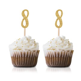 Gold Happy 8th Birthday Cupcake Topper, 24-Pack Number 8 Glitter Birthday Party Cupcake Toppers, Decorations