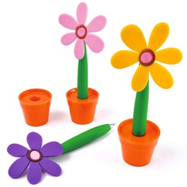 Burwells Set of 3 Flower Pens with Pot Stands - Pink Yellow Purple Orange Pots - Novelty or Gift Stationery