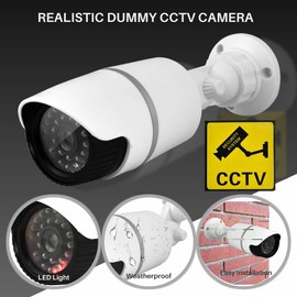 JUSTOP Dummy CCTV Cameras, 2x Fake Bullet Security Camera With Flashing LED, Waterproof For Indoor or Outdoor Use, Professional Black&White Casing (2pcs Pack)