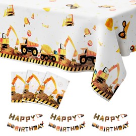 3 PCS Construction Tablecloth with Banner, Rectangular Truck Plastic Table Cloth Cover for Birthday Party Celebration Decoration for Kids Boys Children, 108x54 Inch