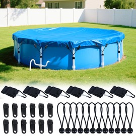 6 Sets Pool Cover Clip Kit for Above Ground Pools, Include 6Pcs Antislip Fixing Straps and 12Pcs Tarp Clips, Reinforced Pool Clamps for Above Ground Pool Covers, Securely Attach to Pools Support Poles
