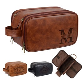 Travel Toiletry Bag for Men, Double Layer Handle, Water Resistant PU Leather Kit, Fathers Day Christmas Thanksgiving Groomsmen Wedding Gift, Reddish Brown, Vintage