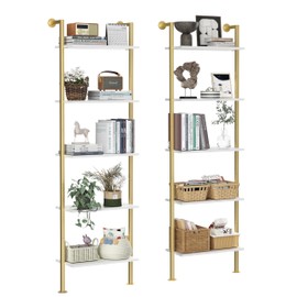 Acovy 5-Tier Bookshelf - Solid Wood Narrow Bookcase Set of 2, Wall Mount Ladder Shelf, Storage Rack for Living Room, Bedroom, Bathroom, White and Gold