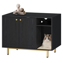 Hzuaneri Cat Litter Box Enclosure Enclosed, Hidden Litter Box Cabinet Furniture with Storage, Wooden Indoor Cat House Large, Modern End Table for Living Room Entryway, White and Gold 01503GCLB