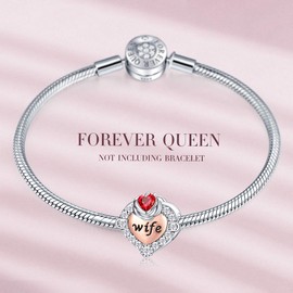 FOREVER QUEEN Birthstone Wife Charm Bead for Bracelet 925 Sterling Silver Love Heart Wife Charms Pendant for Bracelet, Best Birthday Gift for Wife, Sterling Silver