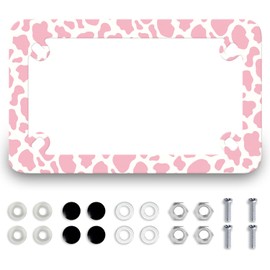 Pink Cows Print Motorcycle License Plate Frame Stainless Steel Metal 4 Holes Waterproof Plate Frame Cute Cow Tag Holder Animal Motorcycle Accessory with Screws Nut Caps 7.7" x 4.5"for Bike Motorcycle