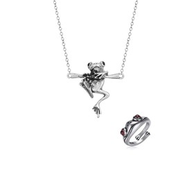 Caiyao Silver Tree Frog Ring Necklaces Set Cute Frog Retro Animals Pendant Funny Vintage Insect for Women Fashion Party Classic Jewelry Gifts-A silver