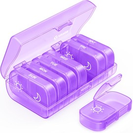 AUVON Pill Box Organiser, XL Weekly Pill Box 7 Day 2 Times a Day with One-Side Large Opening Design for Easy Filling, Tablet Organiser with Purple Privacy Protection for Medication/Vitamins/Fish Oils