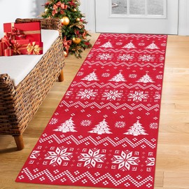 ROYHOME Christmas Runner Rug Snowflake and Xmas Tree Boho Hallway Area Rug Xmas Holiday Decorative Bedroom Throw Rug Runner Machine Washable Floor Carpet for Kitchen Laundry Living, 2x8 Feet